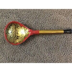 Vintage 1975 Russian Hand painted Spoon, Large Bowl, Short Handle Red Gold Black